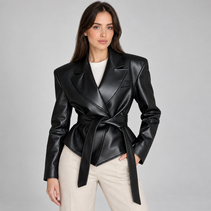 Women’s Belted Leather-Look Blazer Jacket