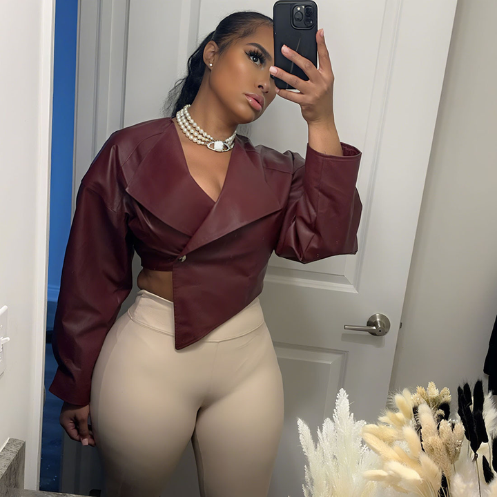 Women’s Asymmetrical Cropped Leather-Look Blazer