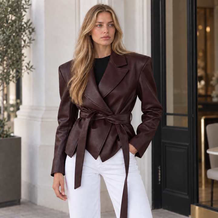 Women’s Belted Leather-Look Blazer Jacket