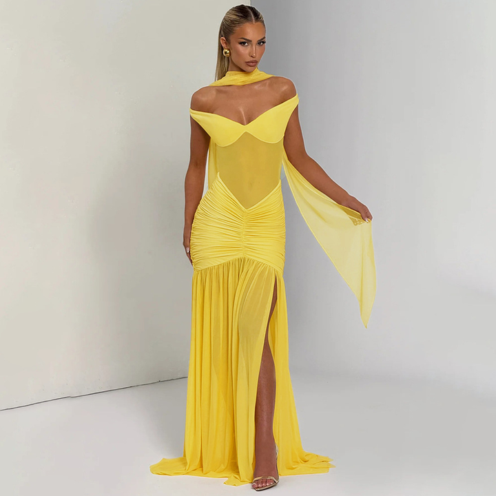 Women’s Off Shoulder Mesh Ruched High Slit Maxi Dress