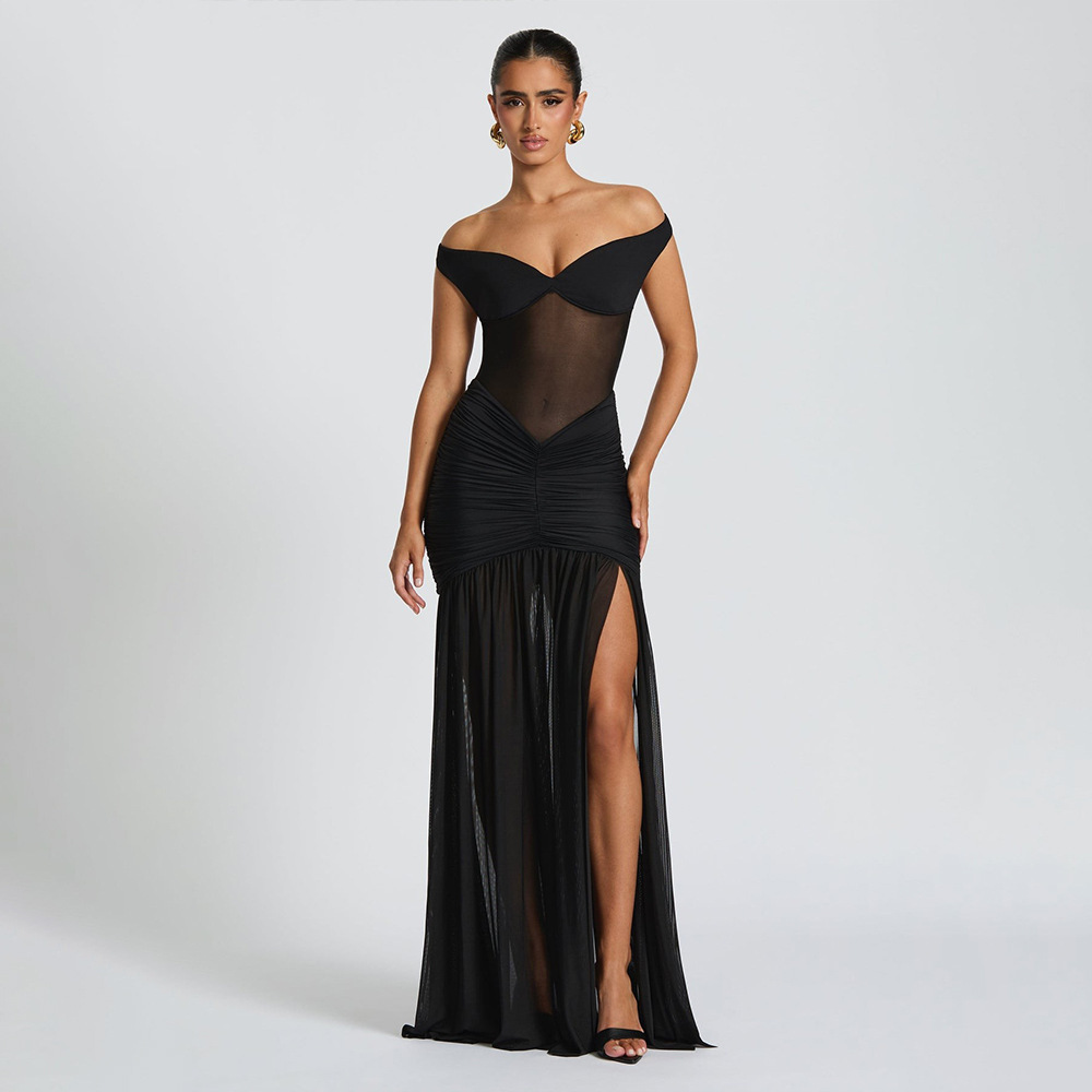 Women’s Off Shoulder Mesh Ruched High Slit Maxi Dress