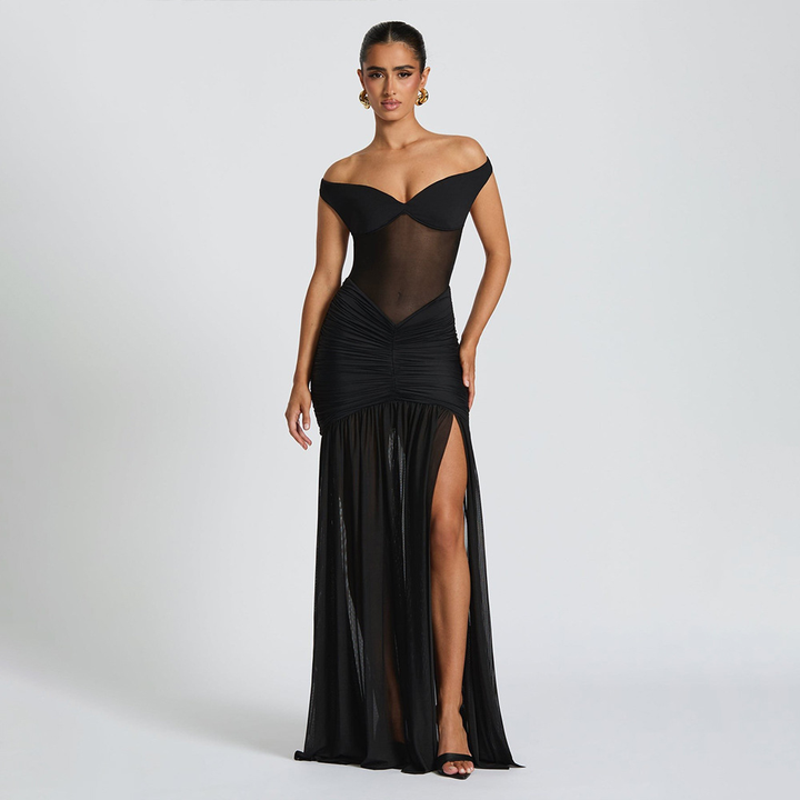 Women’s Off Shoulder Mesh Ruched High Slit Maxi Dress