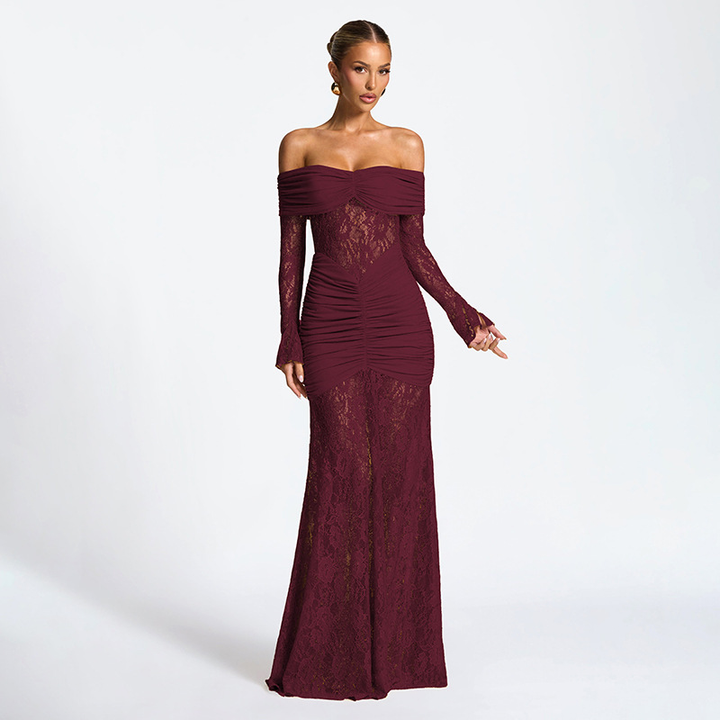 Women’s Off Shoulder Ruched Lace Maxi Dress