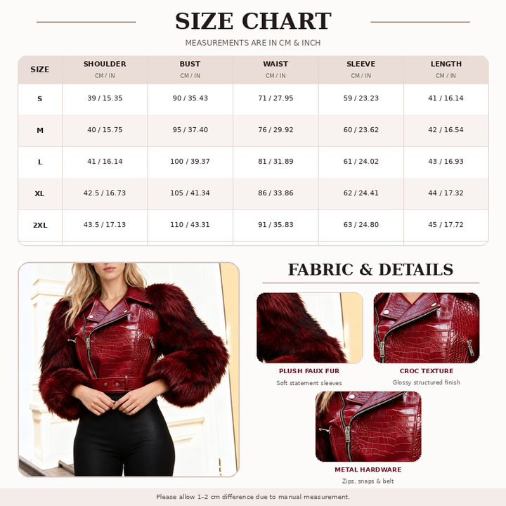 Women’s Croc-Embossed Fur-Look Sleeve Cropped Biker Jacket