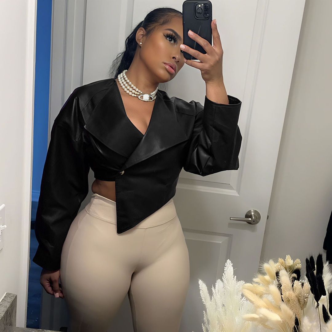 Women’s Asymmetrical Cropped Leather-Look Blazer