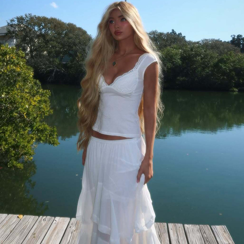 Women’s Lace Trim Deep V-Neck Cap Sleeve Top