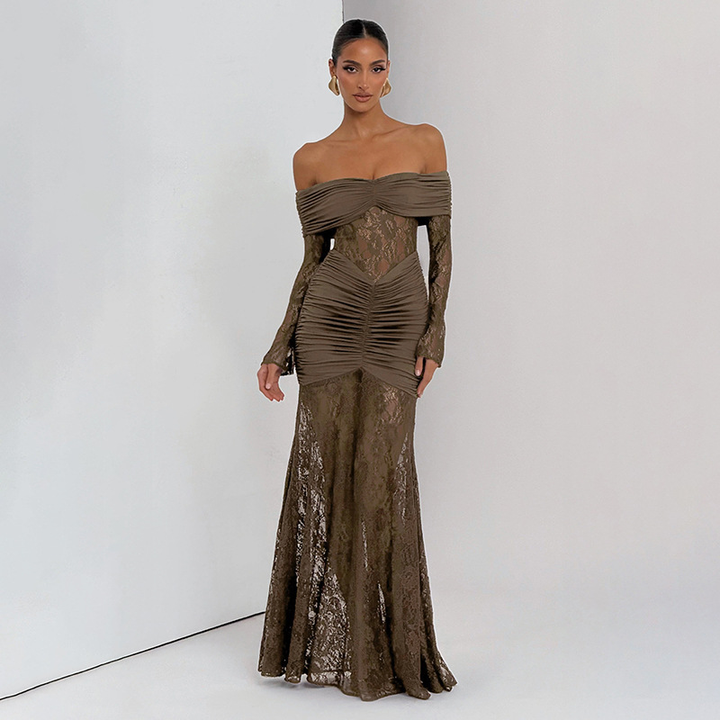 Women’s Off Shoulder Ruched Lace Maxi Dress