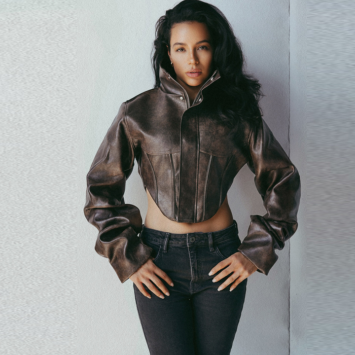 Women’s High Neck Corset-Seam Cropped Jacket