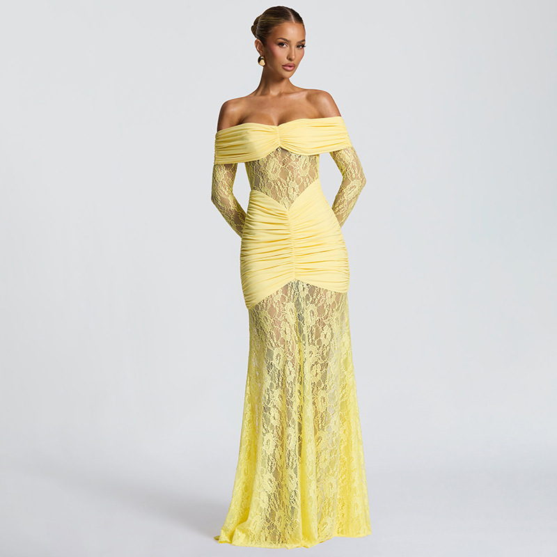 Women’s Off Shoulder Ruched Lace Maxi Dress