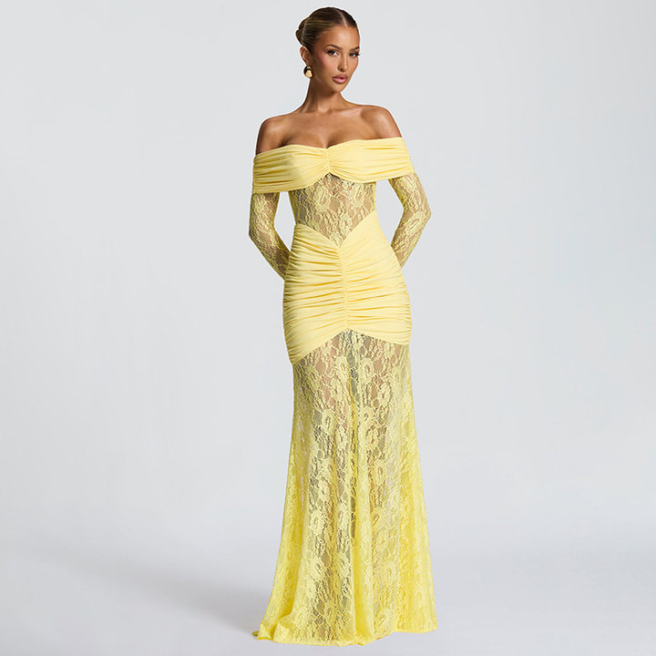 Women’s Off Shoulder Ruched Lace Maxi Dress