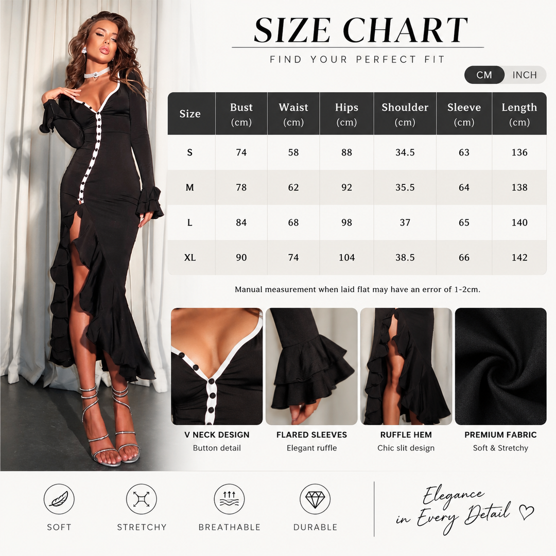 Women’s Contrast Trim Long Sleeve Slit Maxi Dress