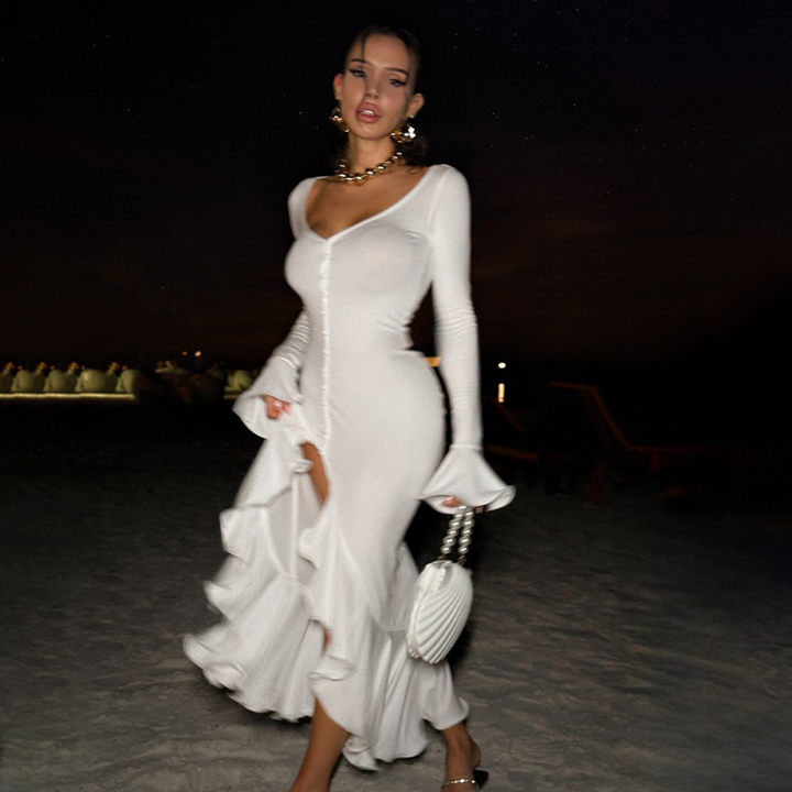 Women’s Contrast Trim Long Sleeve Slit Maxi Dress