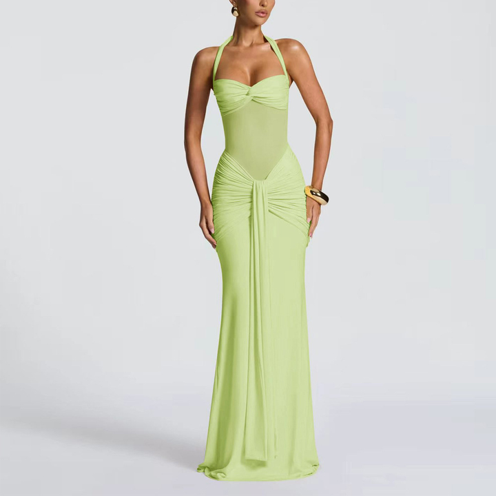 Women’s Halter Ruched Mesh Panel Maxi Dress