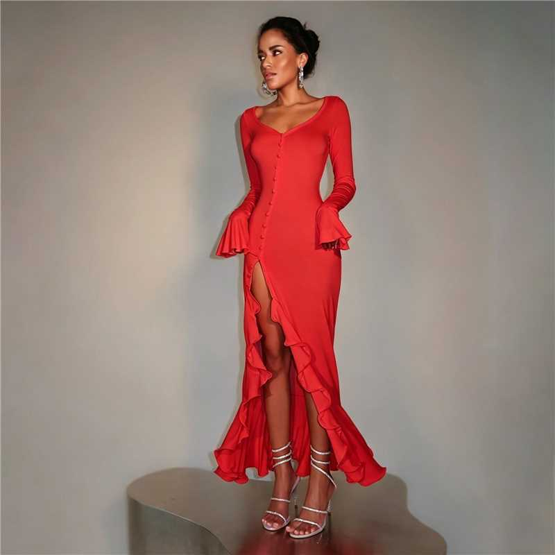 Women’s Contrast Trim Long Sleeve Slit Maxi Dress
