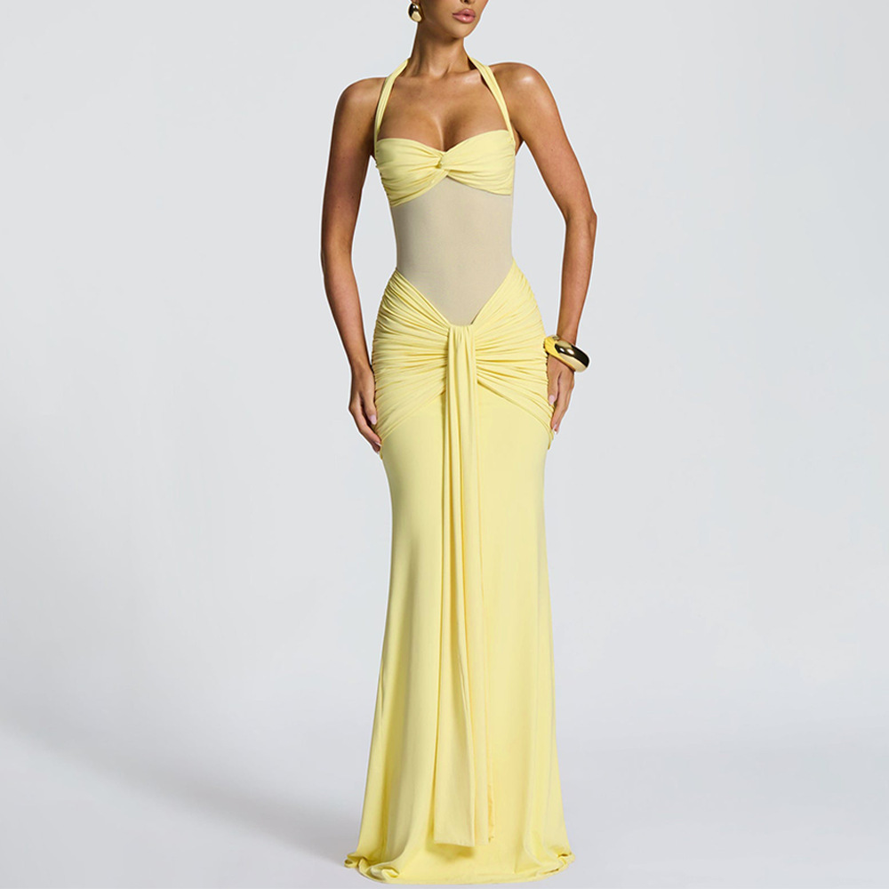 Women’s Halter Ruched Mesh Panel Maxi Dress