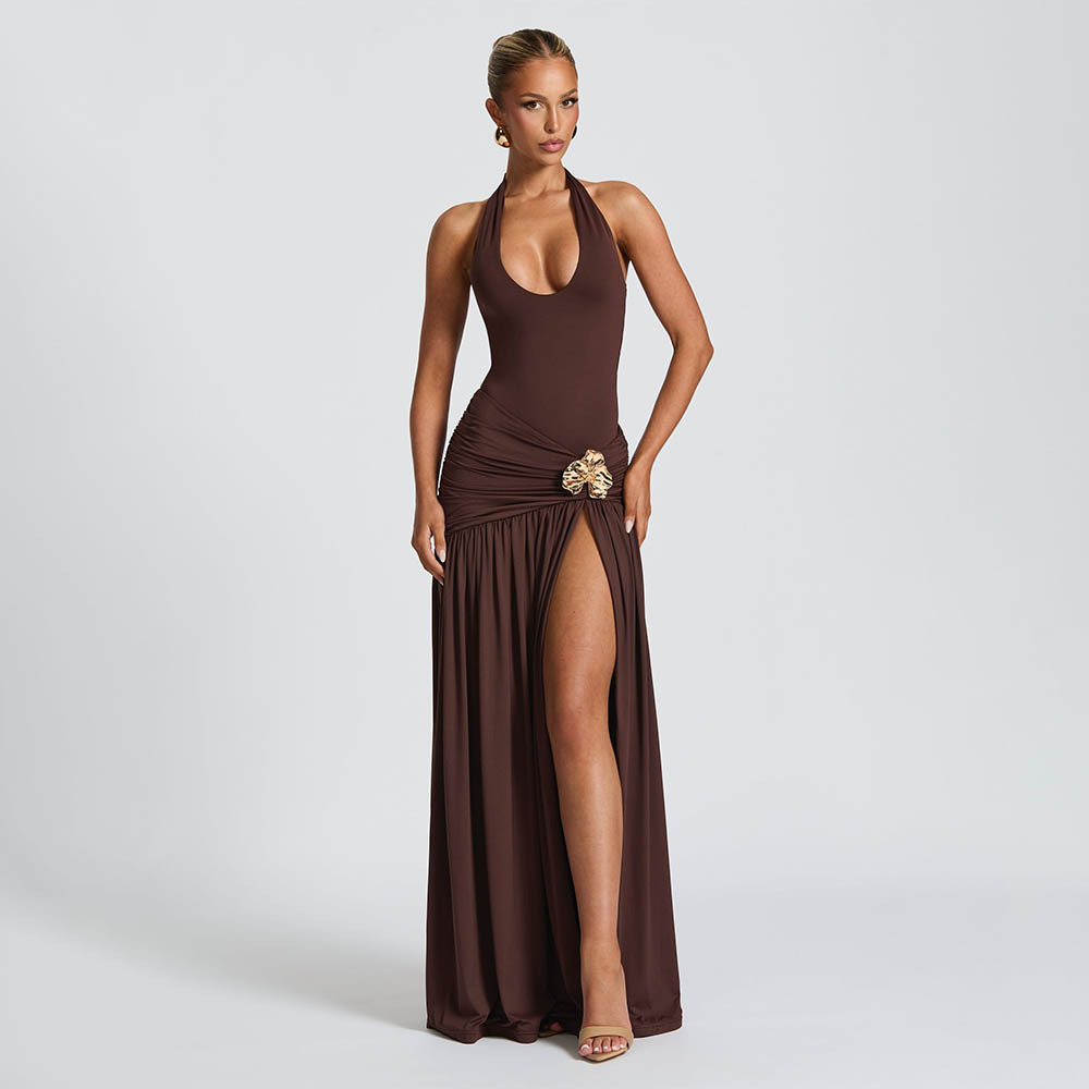 Women’s Halter Top &amp; Ruched High Slit Maxi Skirt Set