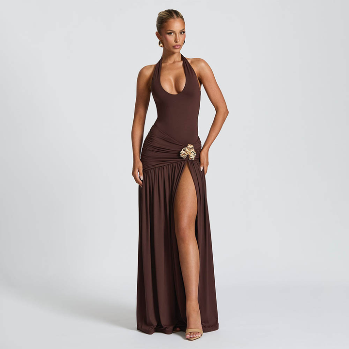Women’s Halter Top &amp; Ruched High Slit Maxi Skirt Set