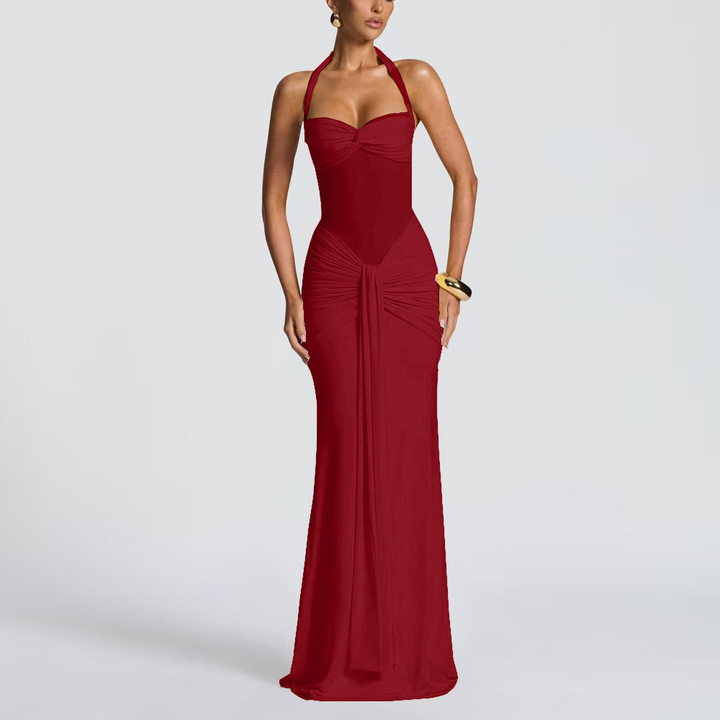 Women’s Halter Ruched Mesh Panel Maxi Dress