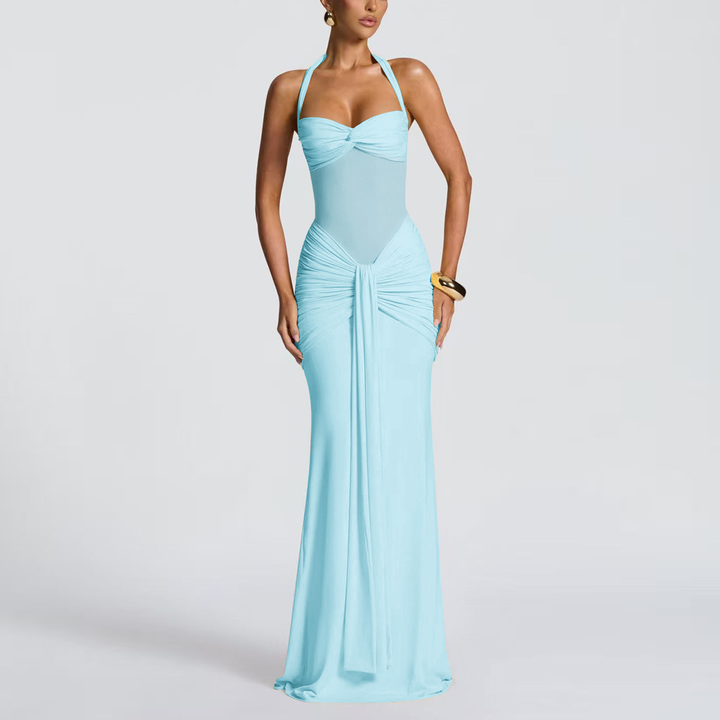 Women’s Halter Ruched Mesh Panel Maxi Dress