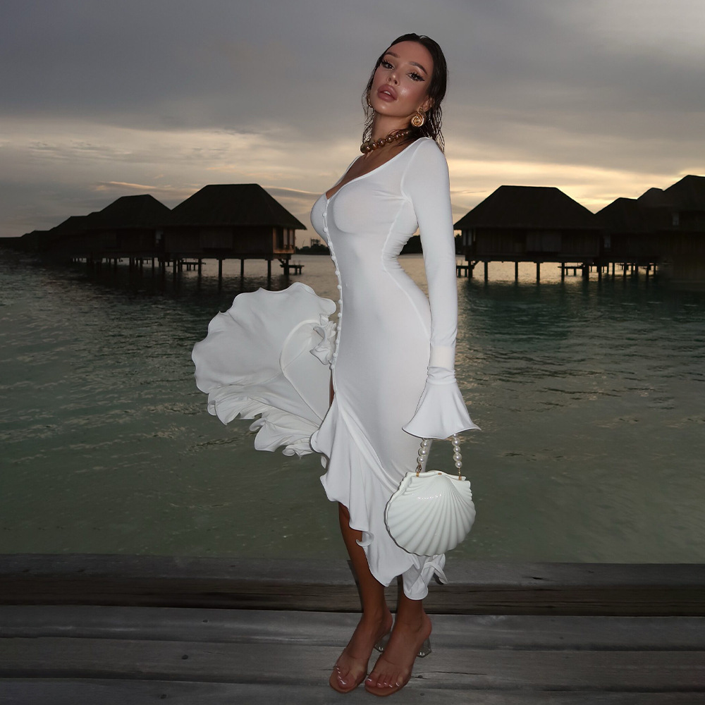 Women’s Contrast Trim Long Sleeve Slit Maxi Dress