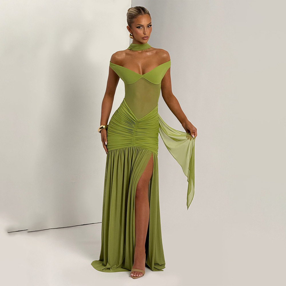 Women’s Off Shoulder Mesh Ruched High Slit Maxi Dress