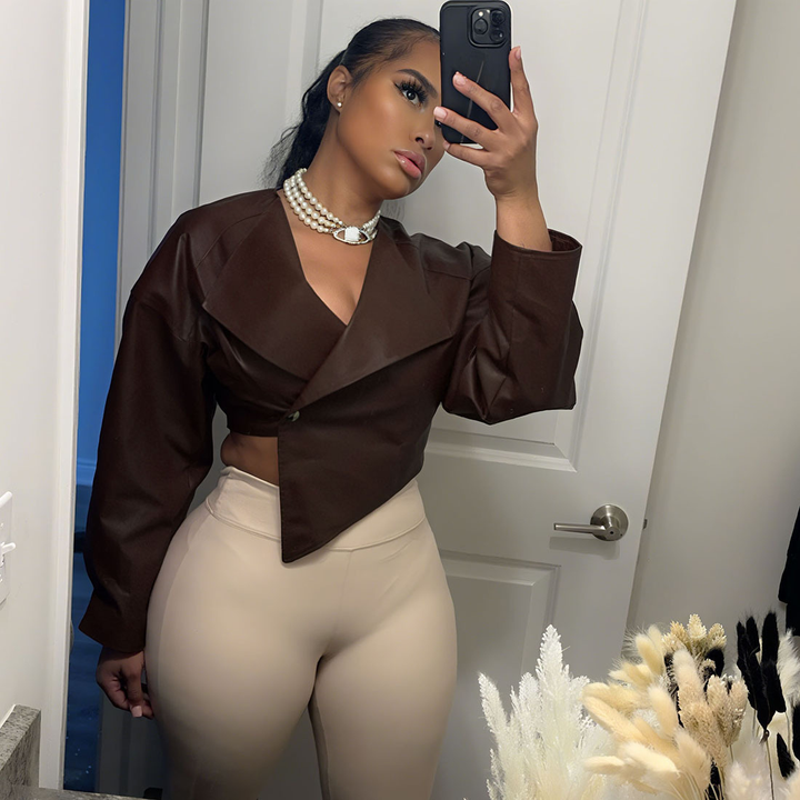 Women’s Asymmetrical Cropped Leather-Look Blazer