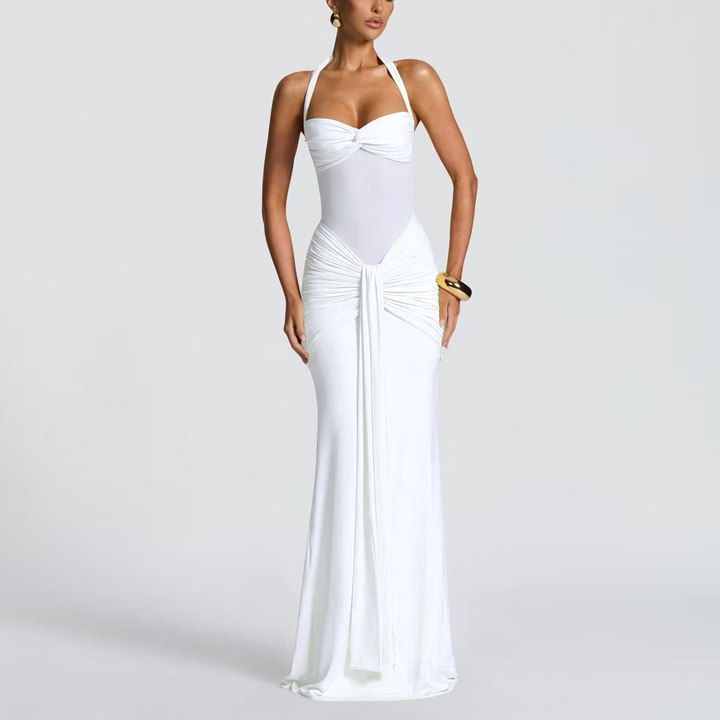 Women’s Halter Ruched Mesh Panel Maxi Dress