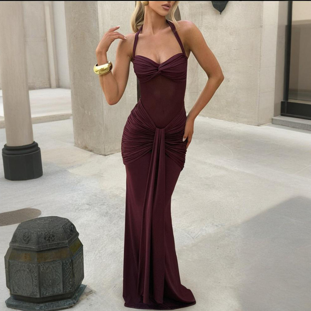 Women’s Halter Ruched Mesh Panel Maxi Dress